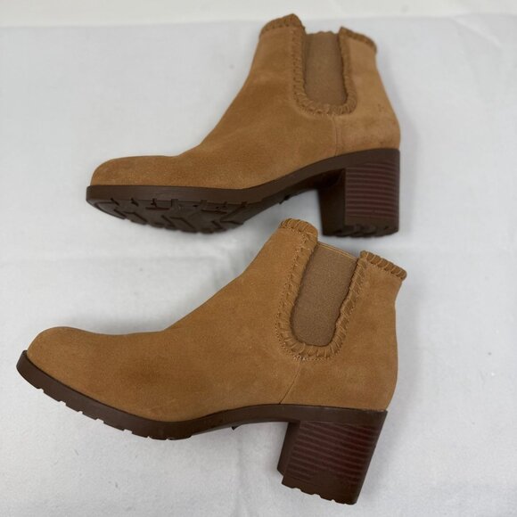 Jack Rogers Boots Womens Size 7.5 Poppy Tan Suede Ankle Booties Block Heel Trim - Picture 4 of 10